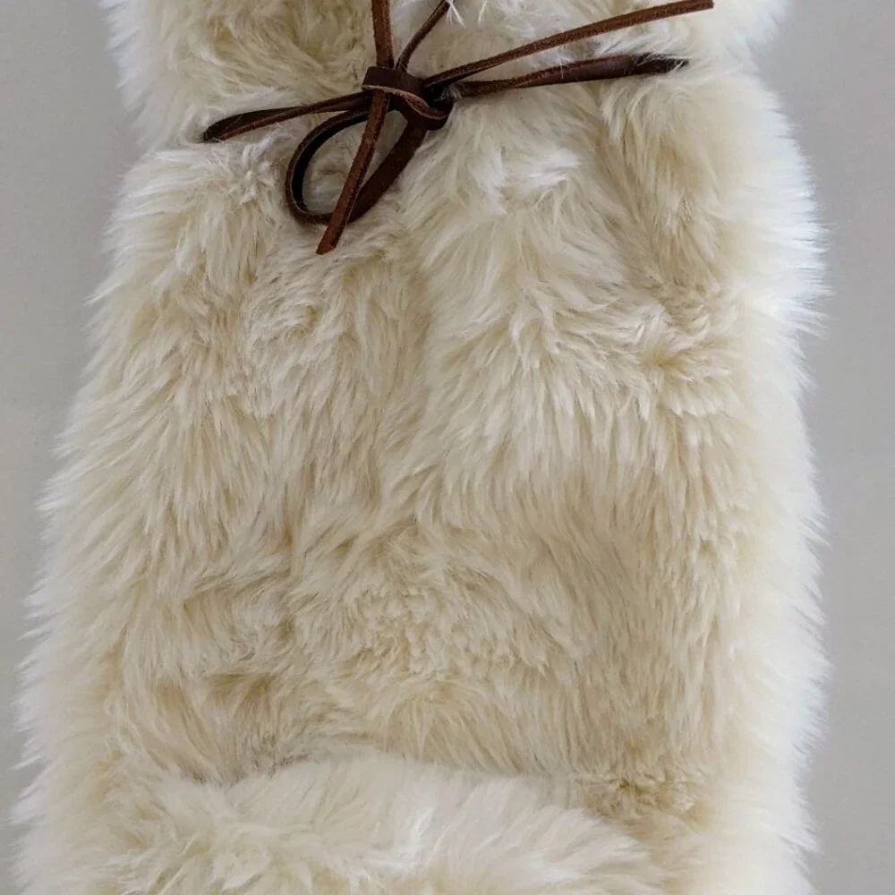 RESTORATION HARDWARE Creme Faux Fur Wine Bag Leather Ties